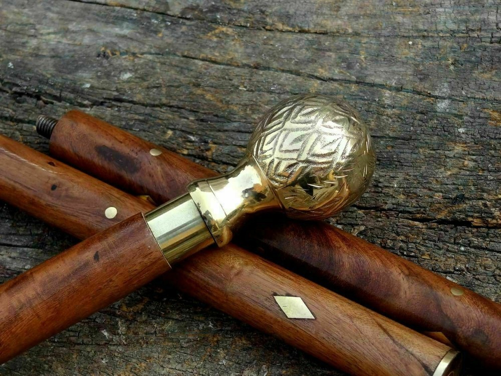 Vintage Victorian Wooden Stick Solid Brass Designer Handle Walking Cane
