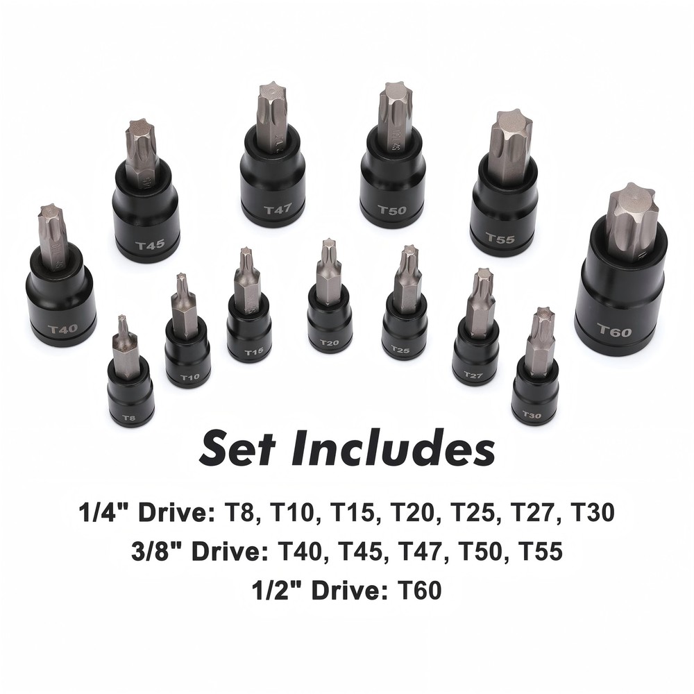 25PACK Torx Bit Socket and External Socket Set 13 T8-T60 & Female E-Torx Sockets