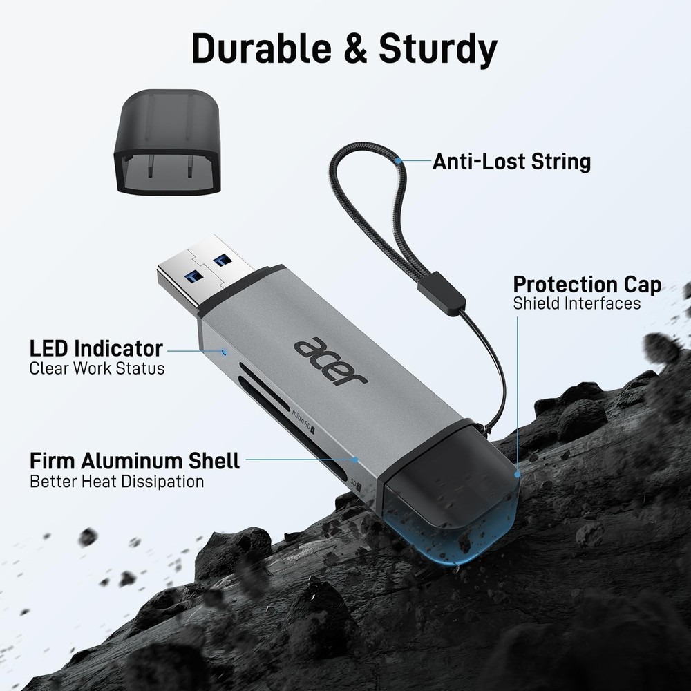 acer SD Card Reader USB C, Dual Slots 3.0 Type C to Micro Grey