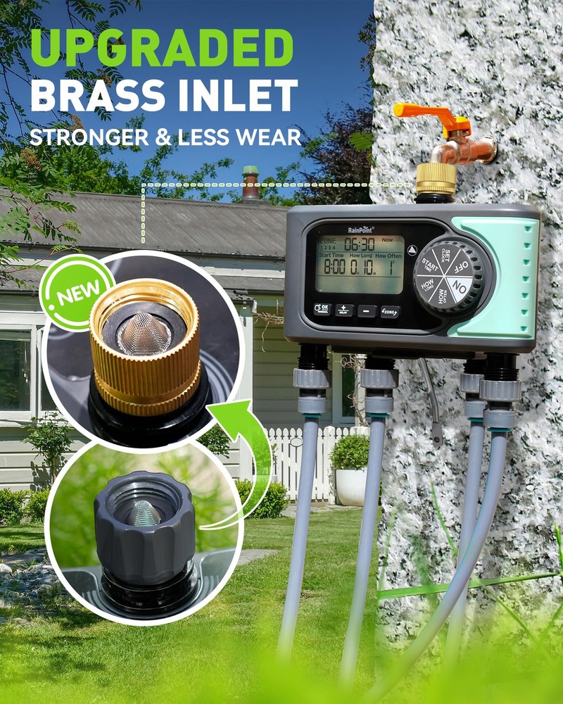 RAINPOINT Sprinkler Timer, 4 Outlets Hose Timer with Brass Inlet with Rain Delay