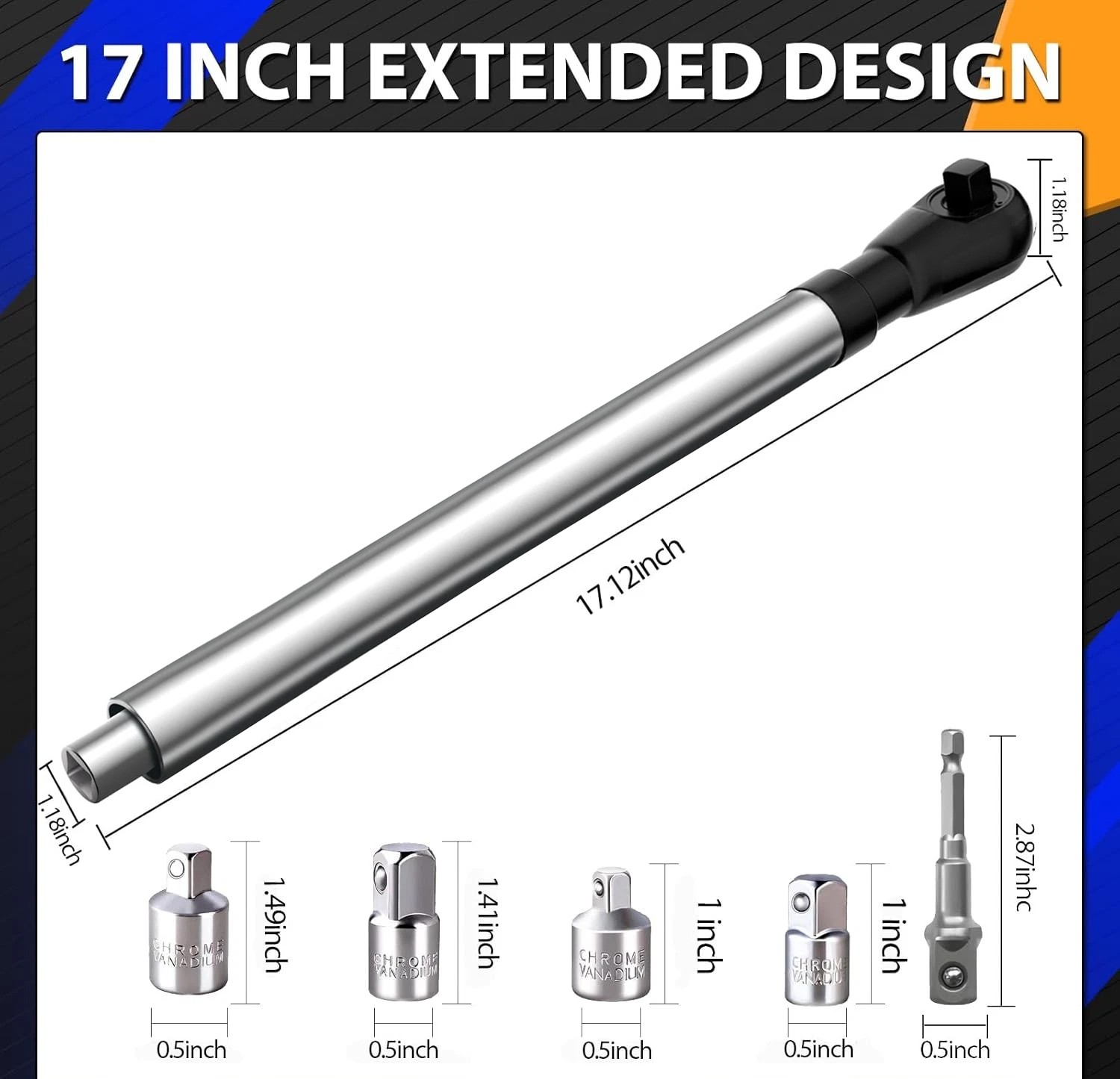 1/2" Offset Extension Wrench, Impact Ratchet Extender for Electric Drill, with 3