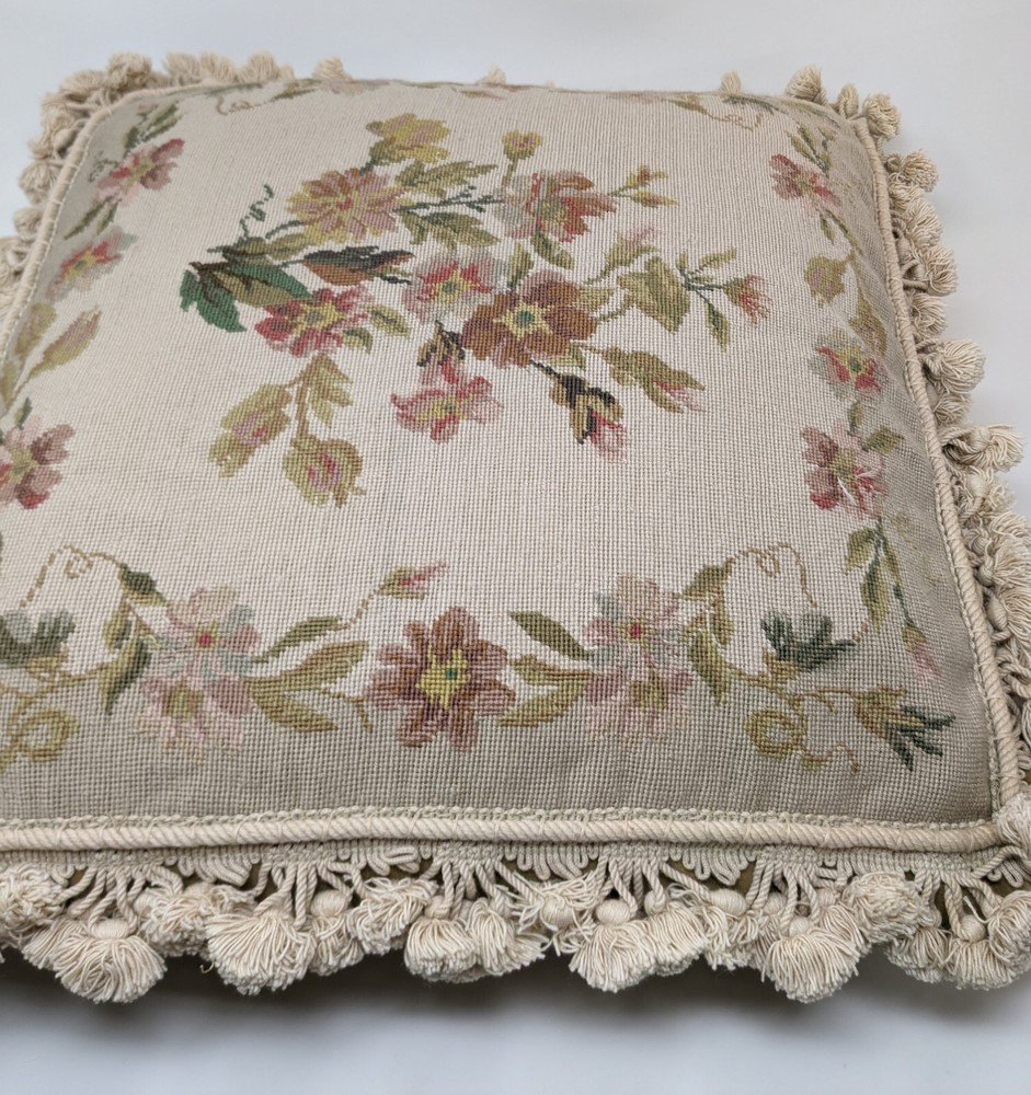 Petit Point Needlepoint Fringed Wool Throw Pillow  20" x 20"     $450