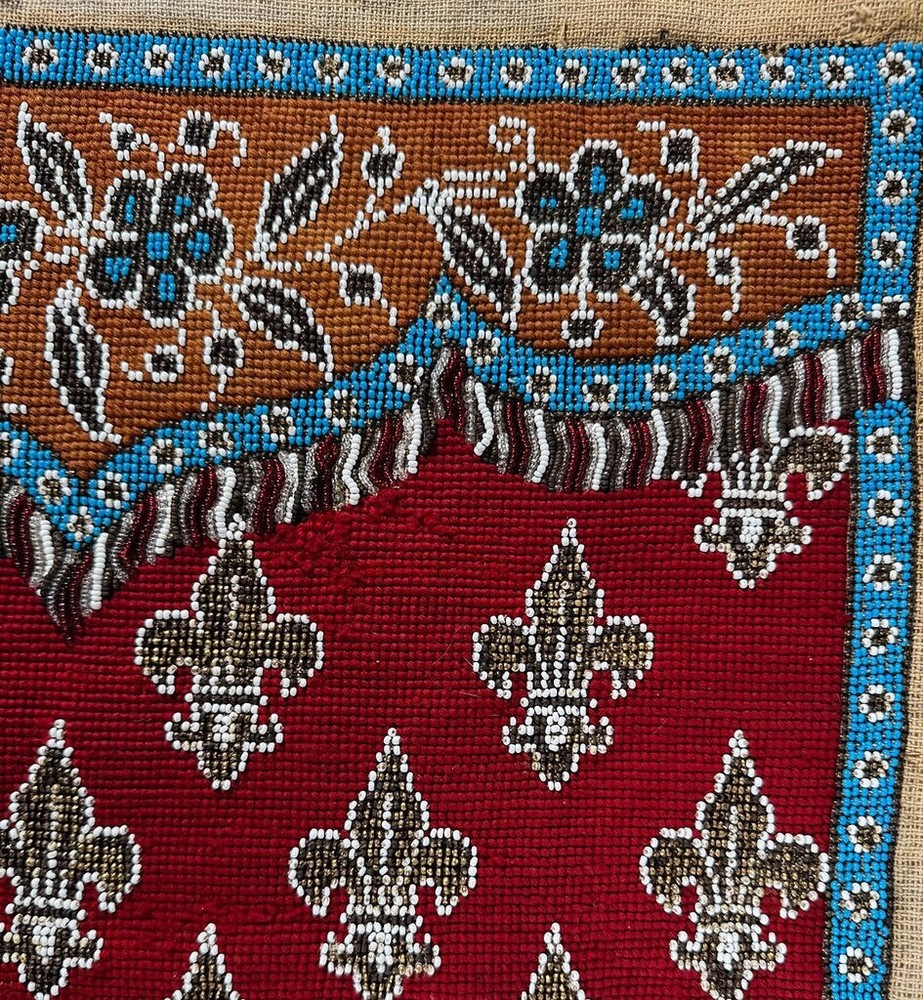 Fine Antique Beadwork Needlepoint Fire Screen Panel, Unused. French Fleur de Lys