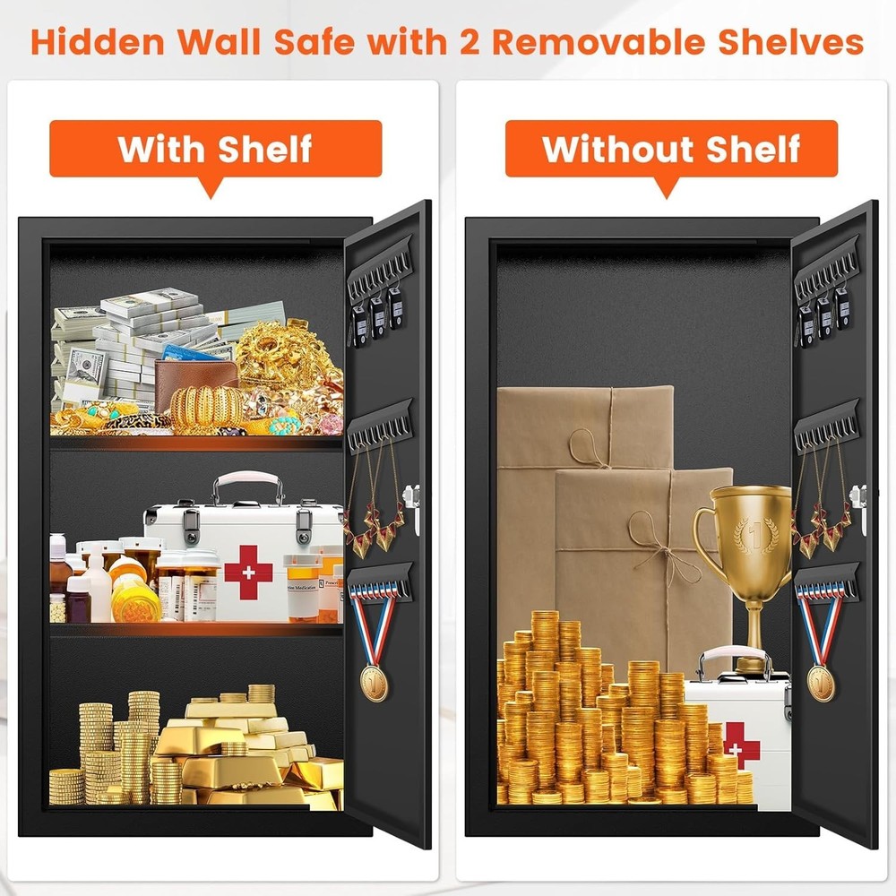 22" In Wall Safe Between Studs Lockable w/ Shelf & Key Hooks Home Security Box