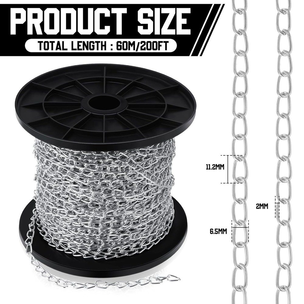 200 ft Galvanized Steel Hanging Jack Chain - Versatile Silver Link Chain Roll