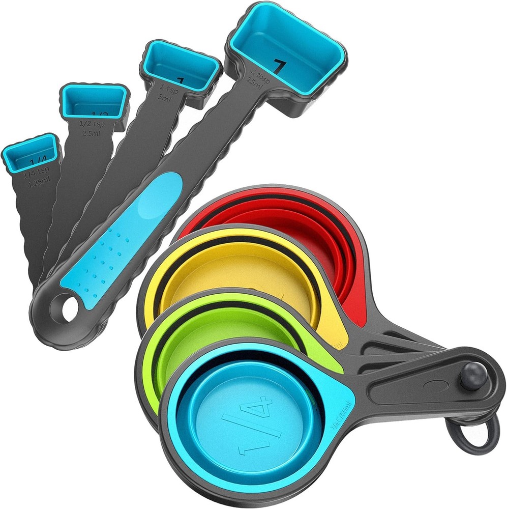 Kaptron Tools Spoons and Collapsible Measuring Cups Set 8 Pieces, Multiple Sizes