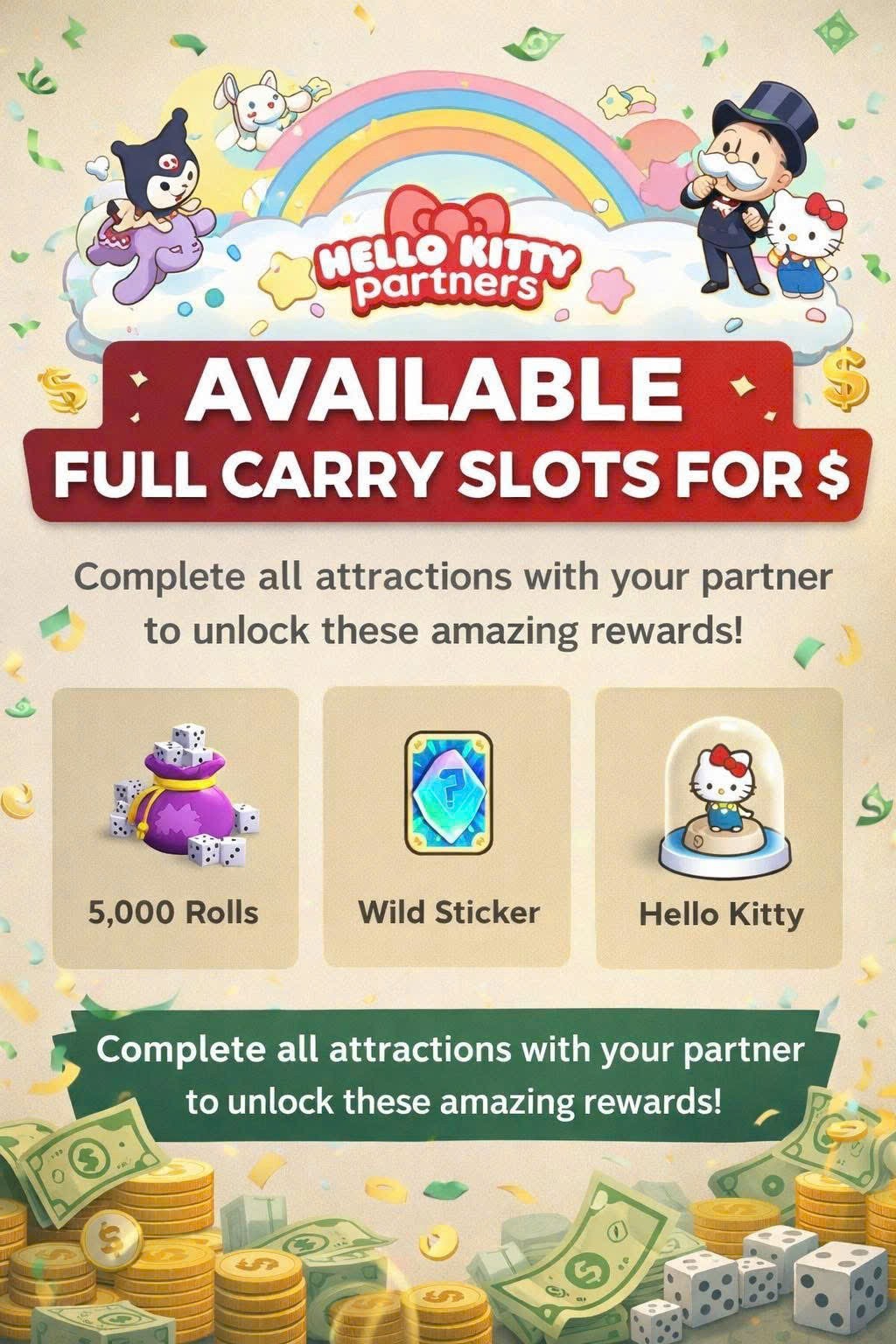 Monopoly GO HELLO KITTY Partners Event 🔥Full 80k Carry SLOT🔥
