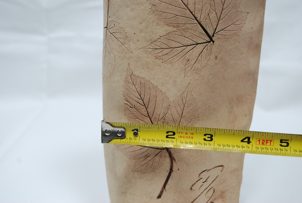 stoneware cylinder vase leaves impressed signed