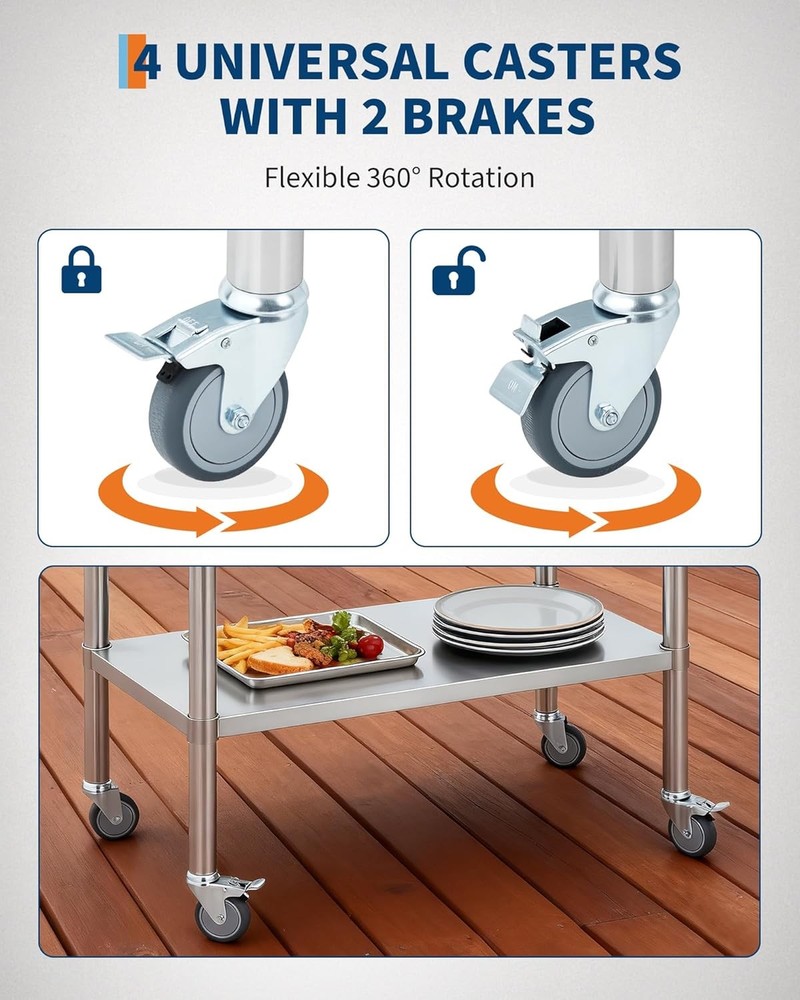 Stainless Steel Table - Casters NSF,4 Caster Wheels & 2 Adjustable Under Shelf