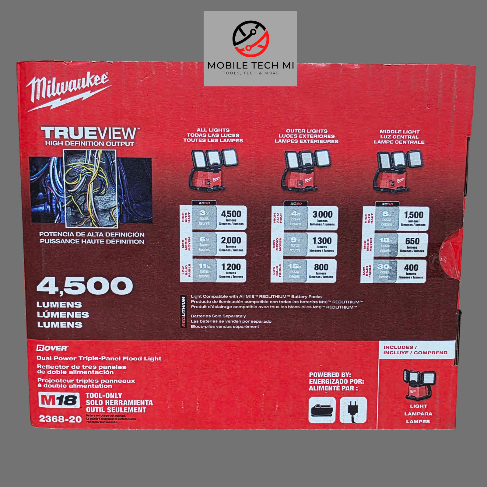 Milwaukee M18 ROVER 2368-20 Dual Power Triple-Panel Flood Area Light 4500 Lumens