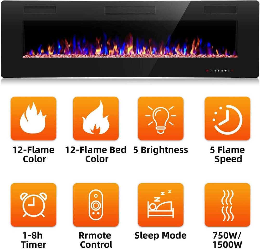 Electric Fireplace, Recessed and Wall Mounted , Remote , Timer, Adjustable Flame