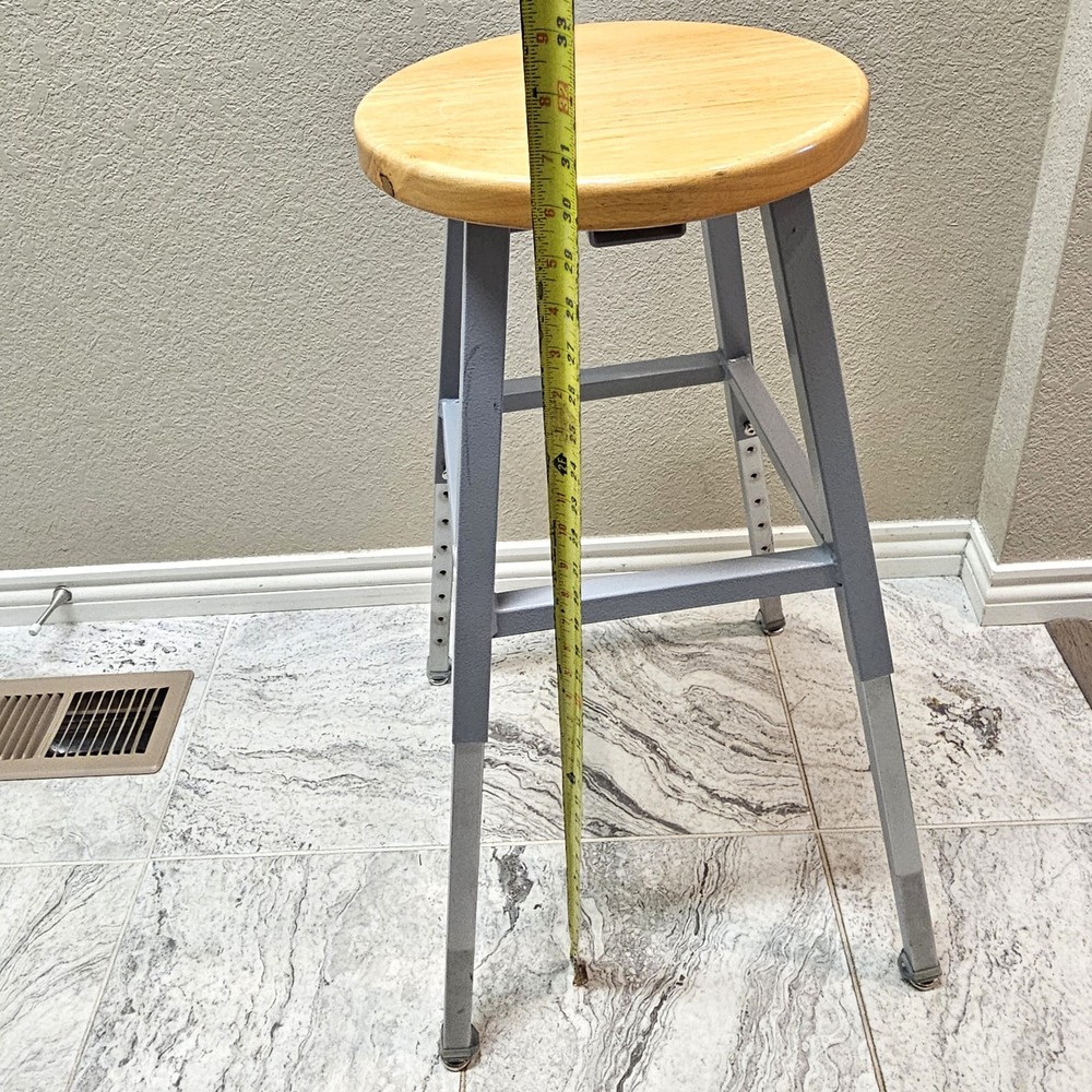 Science Lab Stool, Solid Wood Seat & Steel Frame Adjustable, Gray