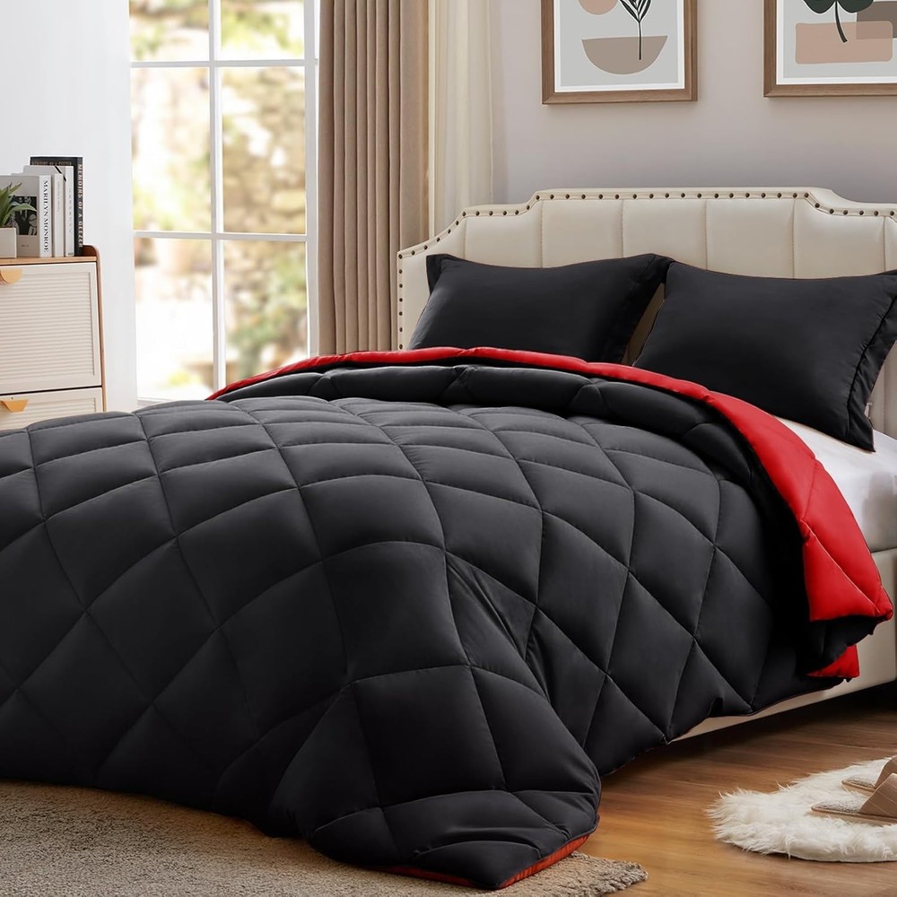 King Size Comforter Set Black&Red, 3 Pieces Lightweight Reversible Comforter ...