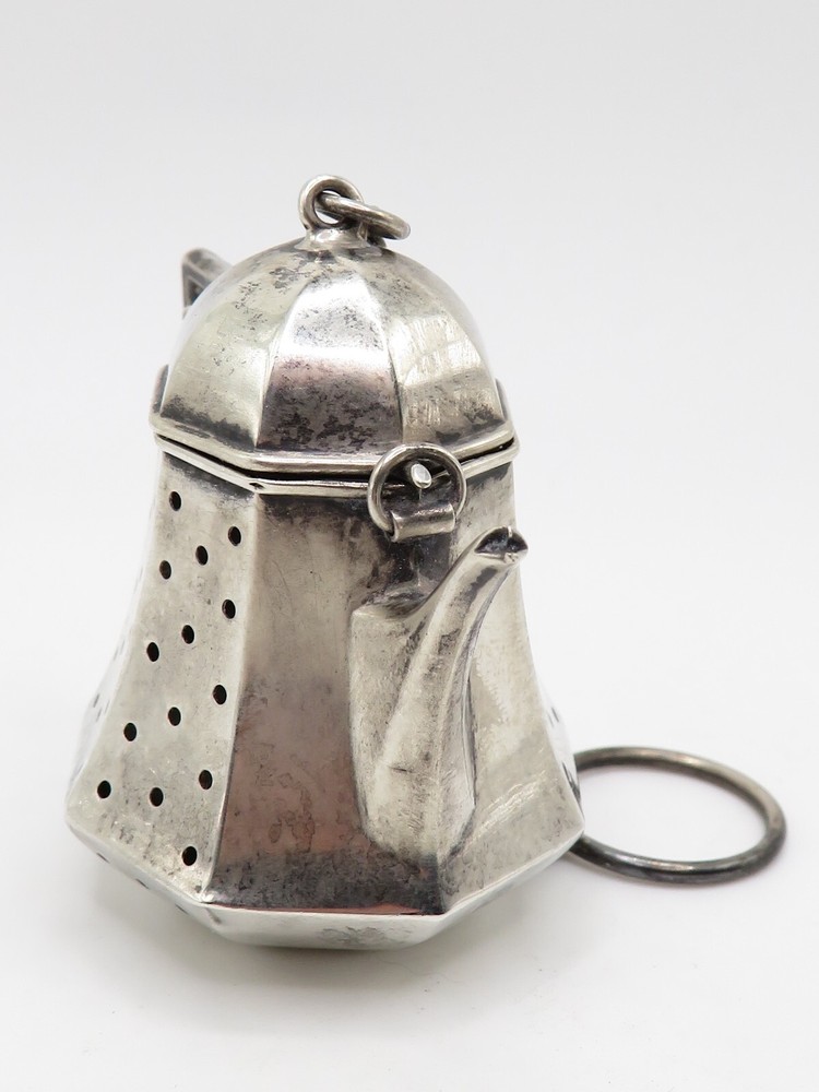 ANTIQUE VICTORIAN STERLING SILVER TEABALL KETTLE STRAINER - TEAPOT SHAPE *
