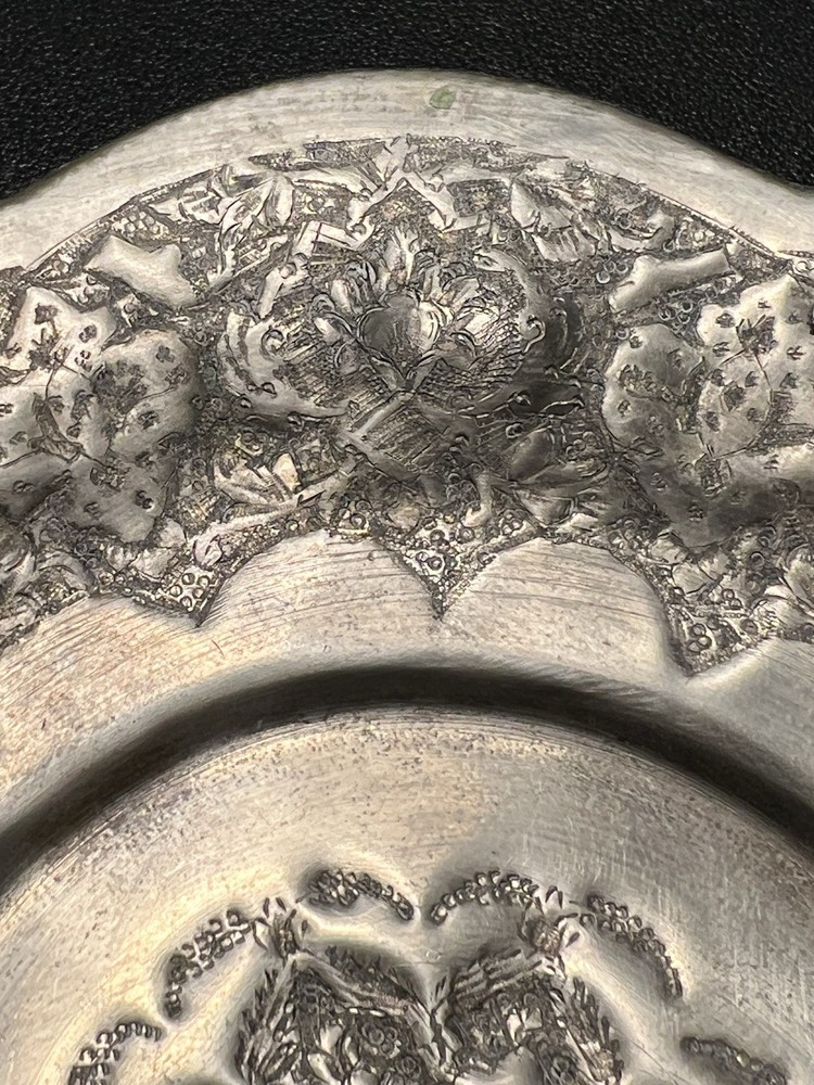 Middle Eastern Vintage 1940s Set Of 2 Silverplated Footed Repousse Plates, 6.5”