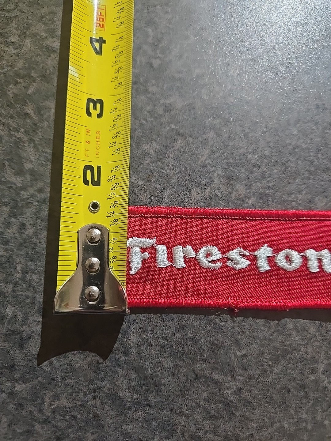 VTG FIRESTONE Logo EMBROIDERED IRON ON PATCH .NOS. 1 3/8 X 3 3/4 In