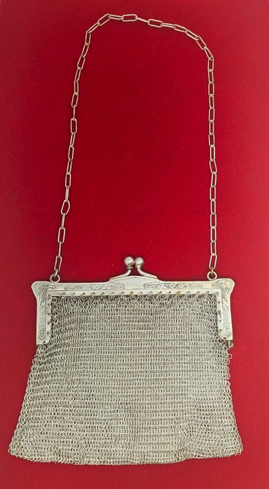 German Silver Mesh Handbag, 5" by 4-3/4"