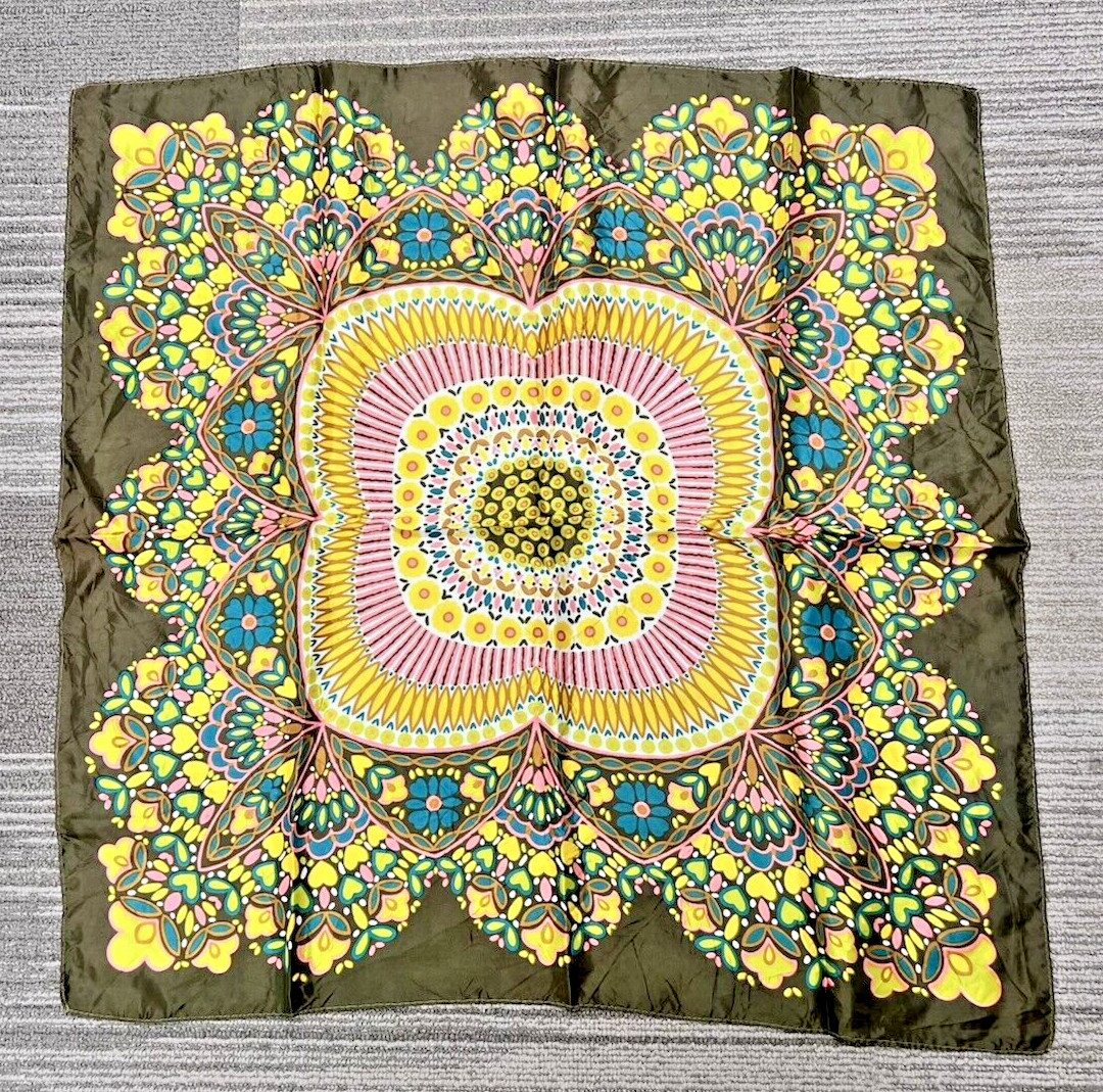 Fun Women's Scarf Retro Floral & Heart Design Brown Background Pink Yellow Blues