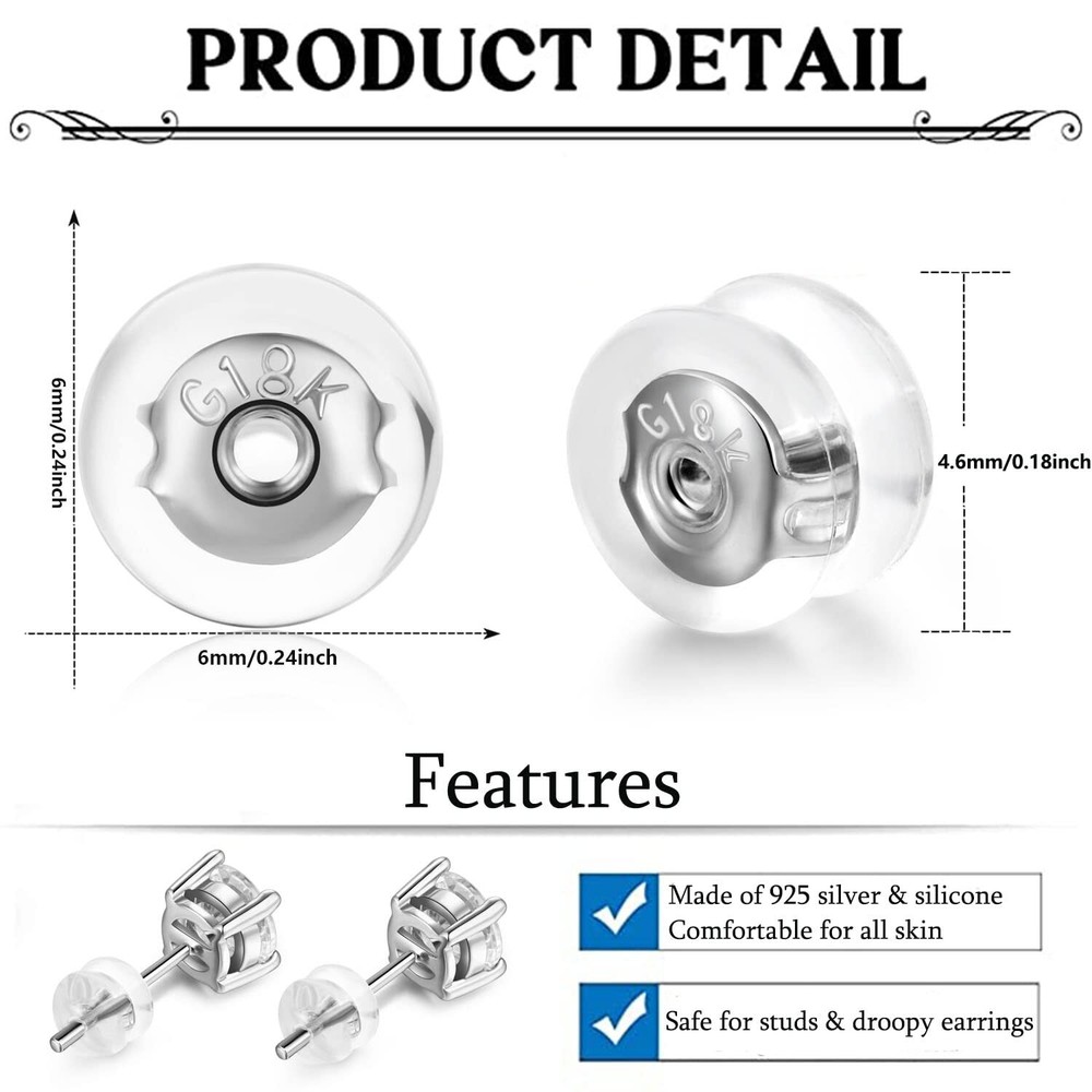 Earring Backs 18K Gold Locking Secure Earring Backs for Studs, Silicone Earri...