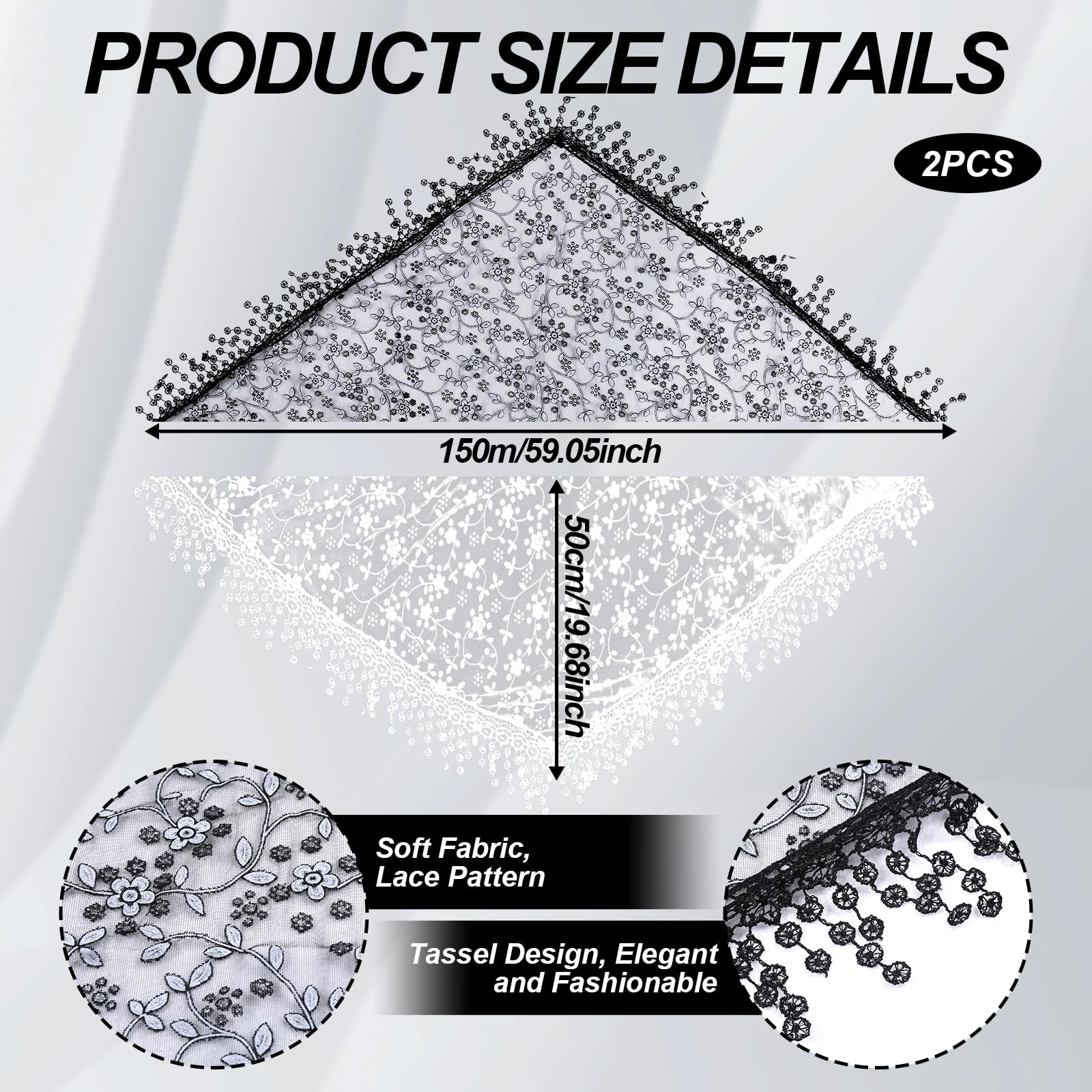 JJUNW 2 Pcs Mass Veil Triangle Mantilla Cathedral Head Large, Black,white
