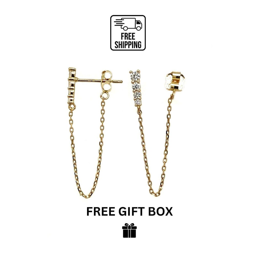 14k yellow gold CZ push back earring with chain