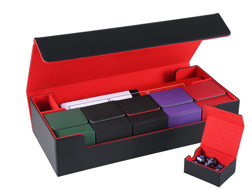 Deck case trading card case storage case top loader storage (black (red interior