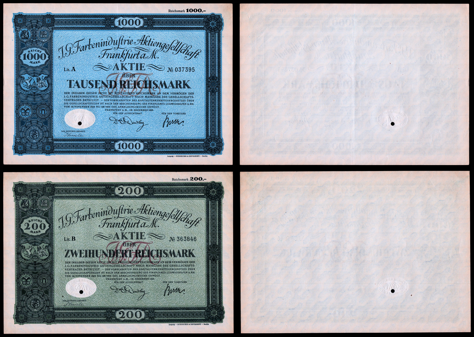 1925 IG Farben (of Zyklon B infamy) Initial Public Offering 2 Piece Stock Set F+