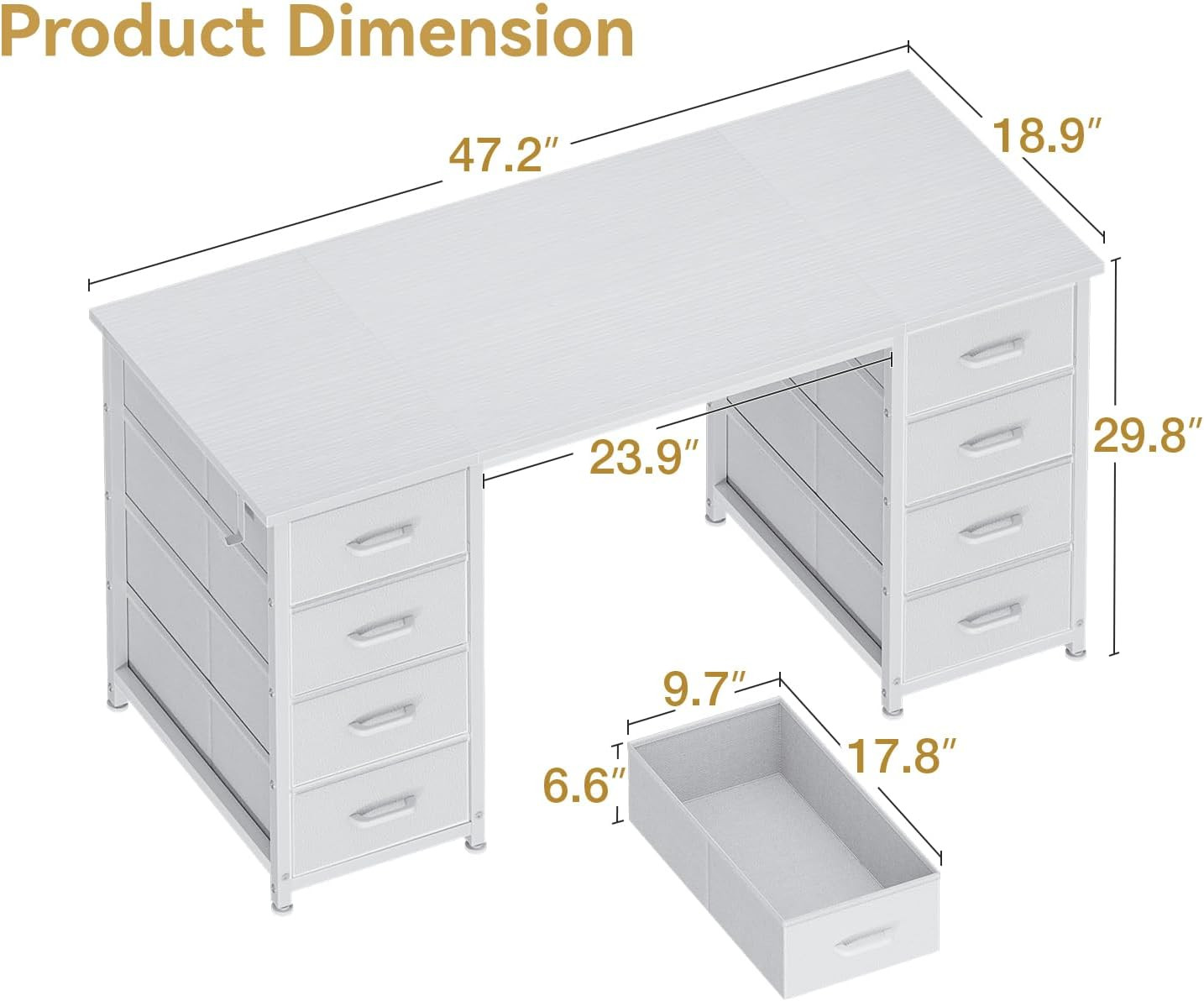 ODK 48 Inch White Computer Desk with 8 Fabric Drawers, Modern Office Desk