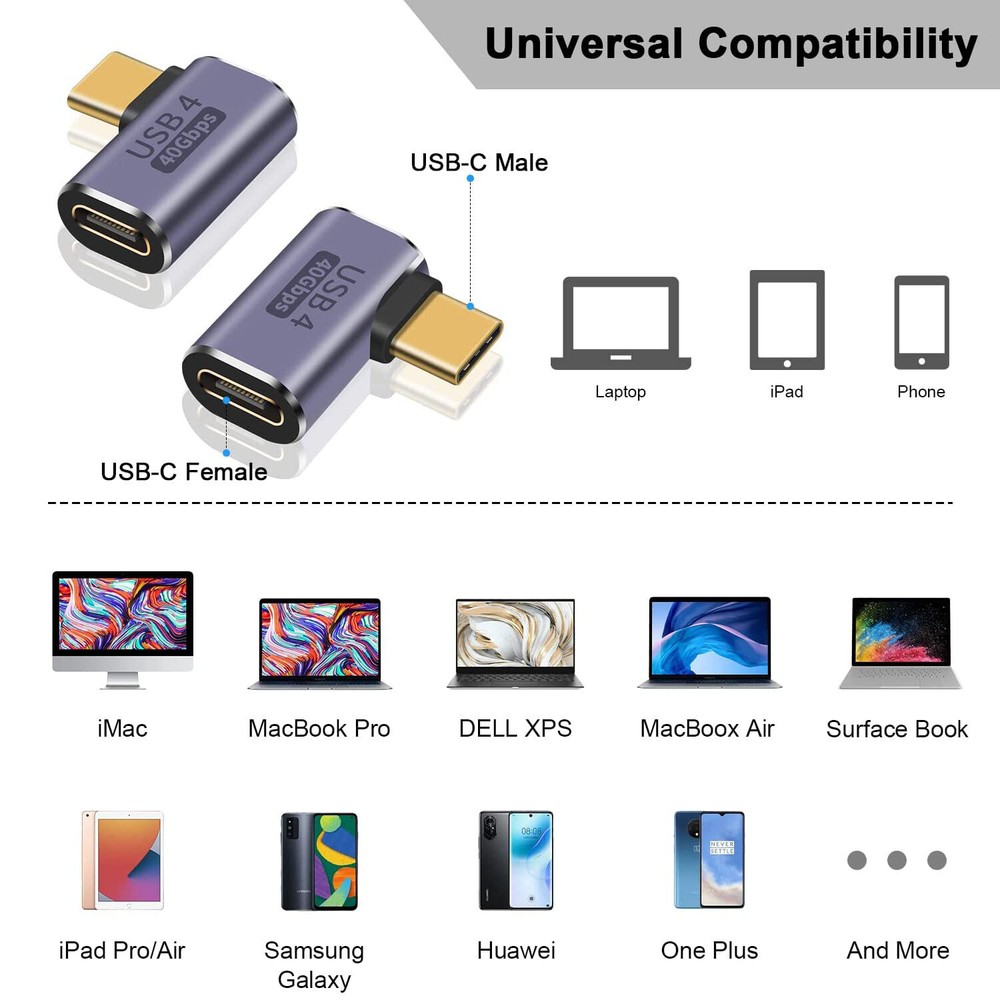 Right Angle USB 4 Type C 40Gbps 8K 100W Charging Adapter Thunderbolt 4/3 Tablet