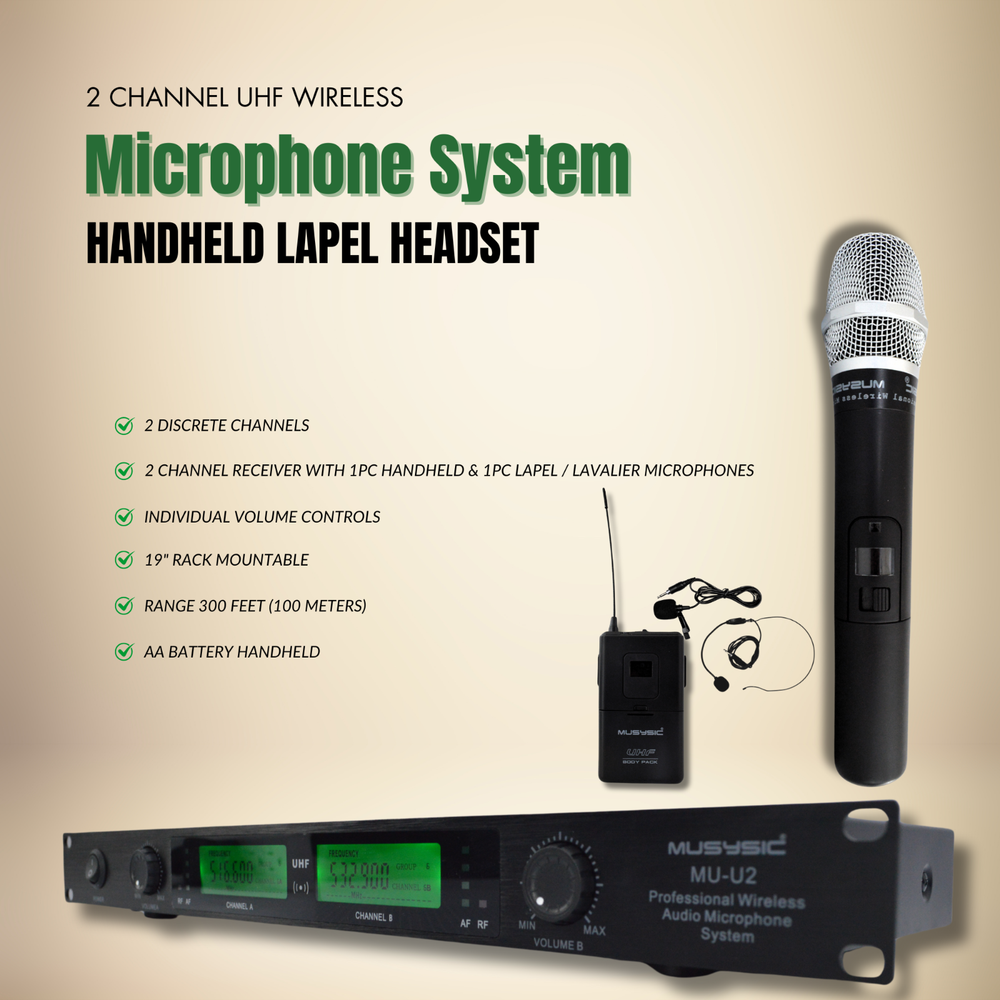2 Channel Dual UHF Wireless Microphone System With Handheld & Lapel / Headset