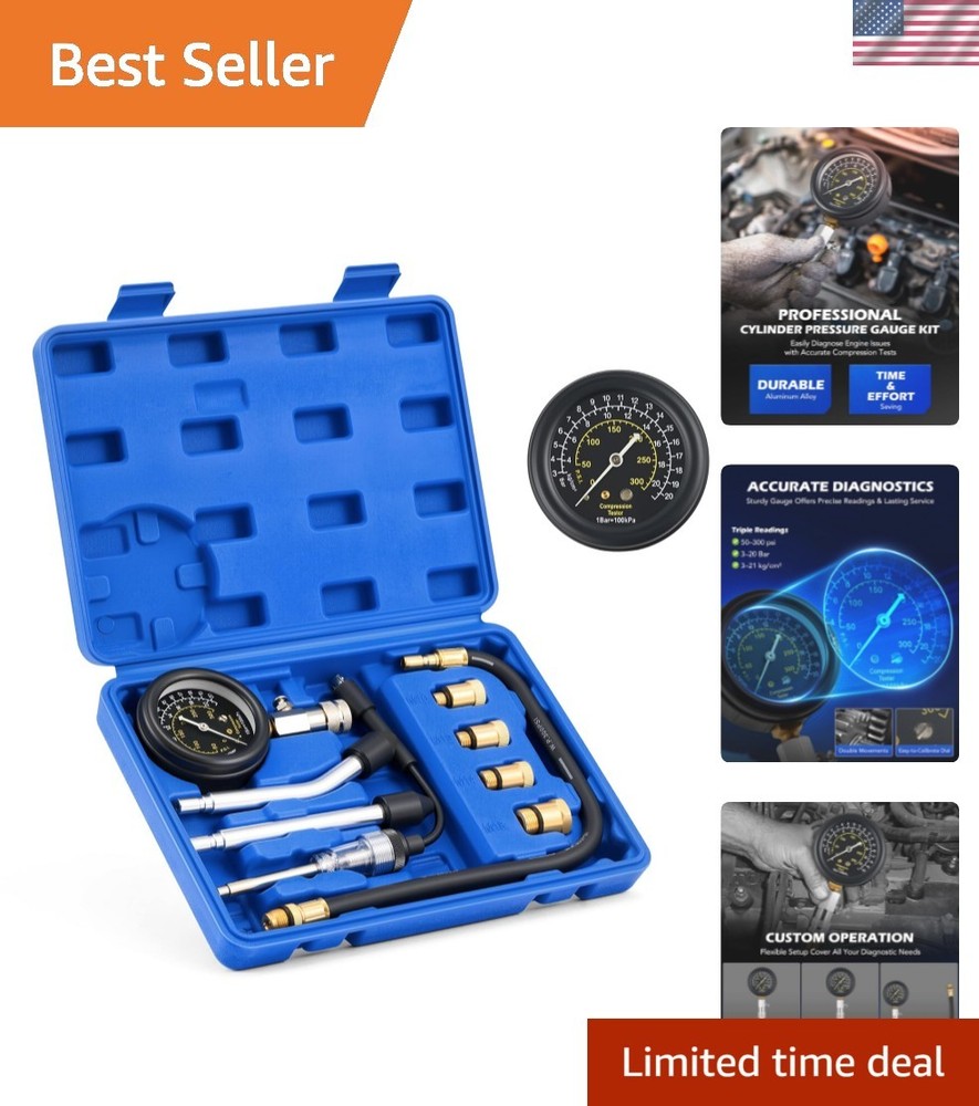 Engine Compression Tester Kit, 9 pc Cylinder Compression Tester Kit with Spar...
