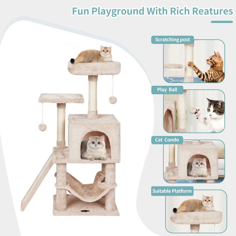 Indoor Cat Tree Tower with Scratching Post, Hammock & Condo Beige