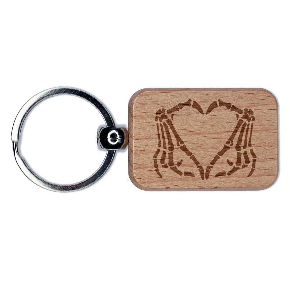 Skeleton Bone Hands Making Heart Engraved Wood Rectangle Keychain Tag Charm