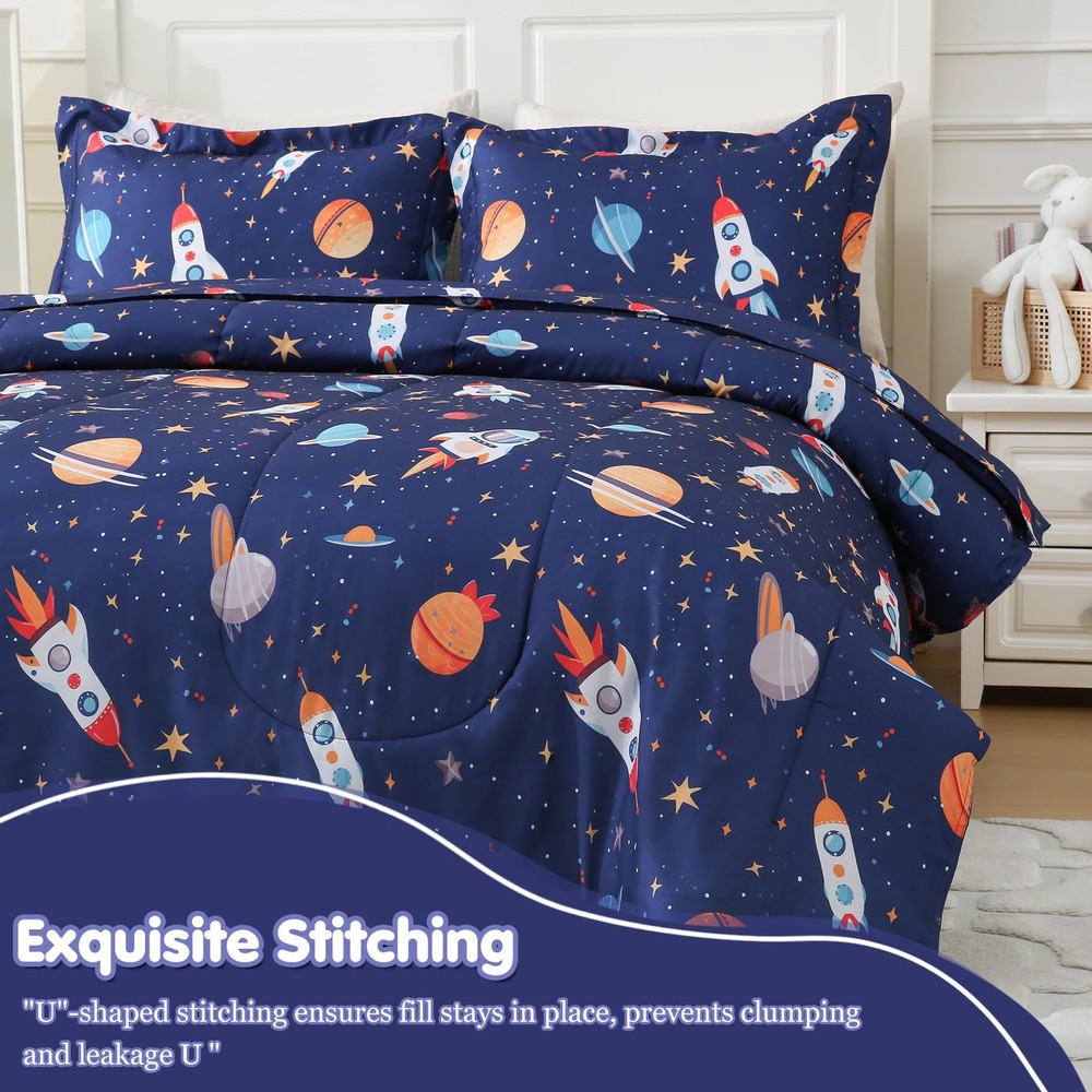 Boys Comforter Set Full Size Bedding Sets Space Rocket Comforter with 2 Pillo...