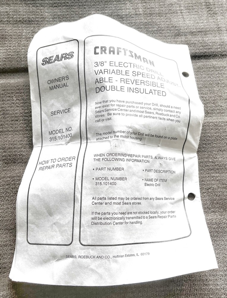 Sears Craftsman 3/8" Drill Corded Variable Speed Reversible,Model 315.101400+Bit