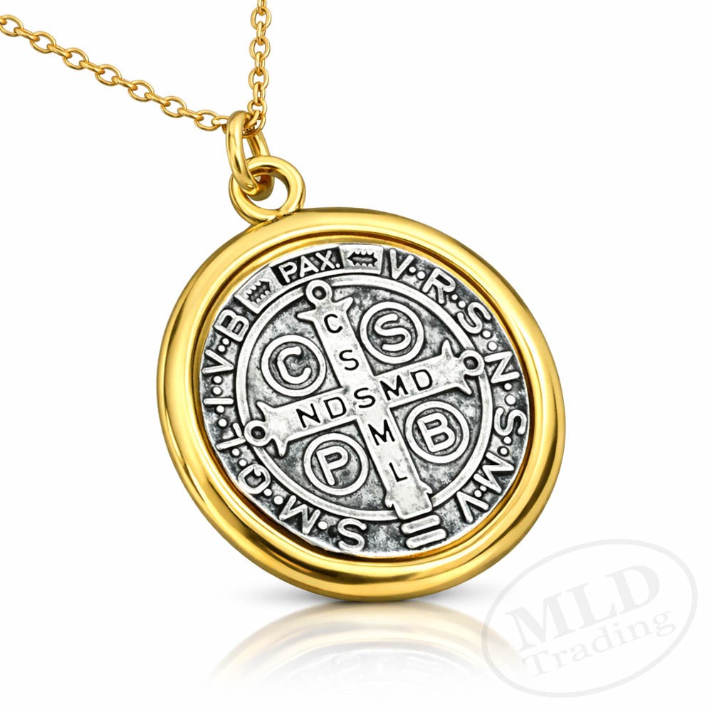 Saint St Benedict Medal Pendant Necklace – Gold Tone Border – 18”+2” Link Chain