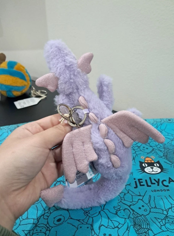 NWT Jellycat Purple Dragon Bag Charm Keychain Soft Plush Toy Gift With Dust Bag