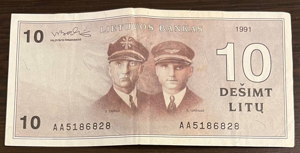 Lithuania 10 Litu 1991 AA Prefix Serial – Darius & Girenas – Original Banknote