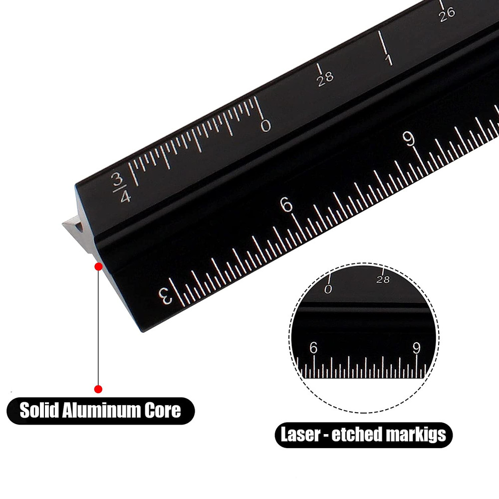 12 Aluminum Triangular Architect Scale Ruler with Laser-Etched Imperial Marks