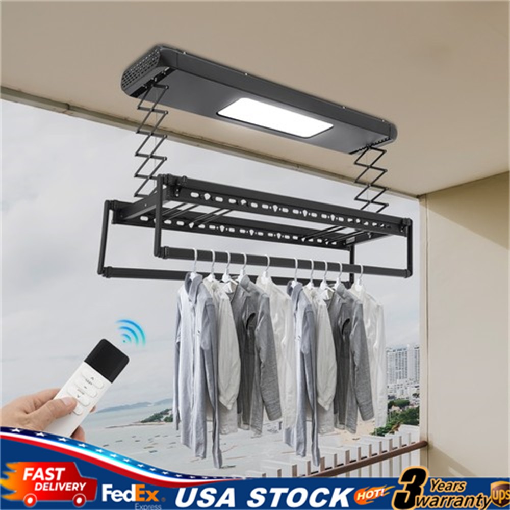 Electric Retractable Airing Rack Clothes Drying Rack W/ Remote Control & Light