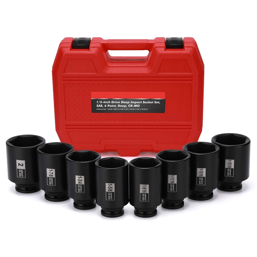 8PCS 1/2"Dr. Deep Impact Socket Set-SAE, 1-9/16" to 2", 6-Point CR-MO