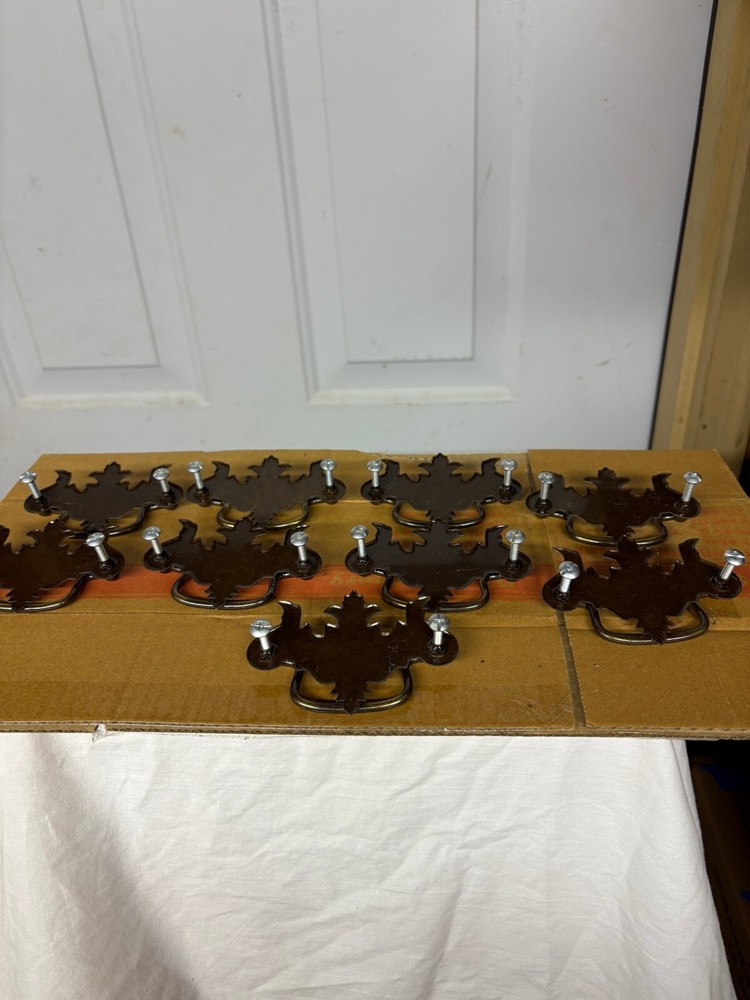 Vintage 9- Drop Pull Cabinet Drawer Hardware Pulls Leaf Brass Bronze Used
