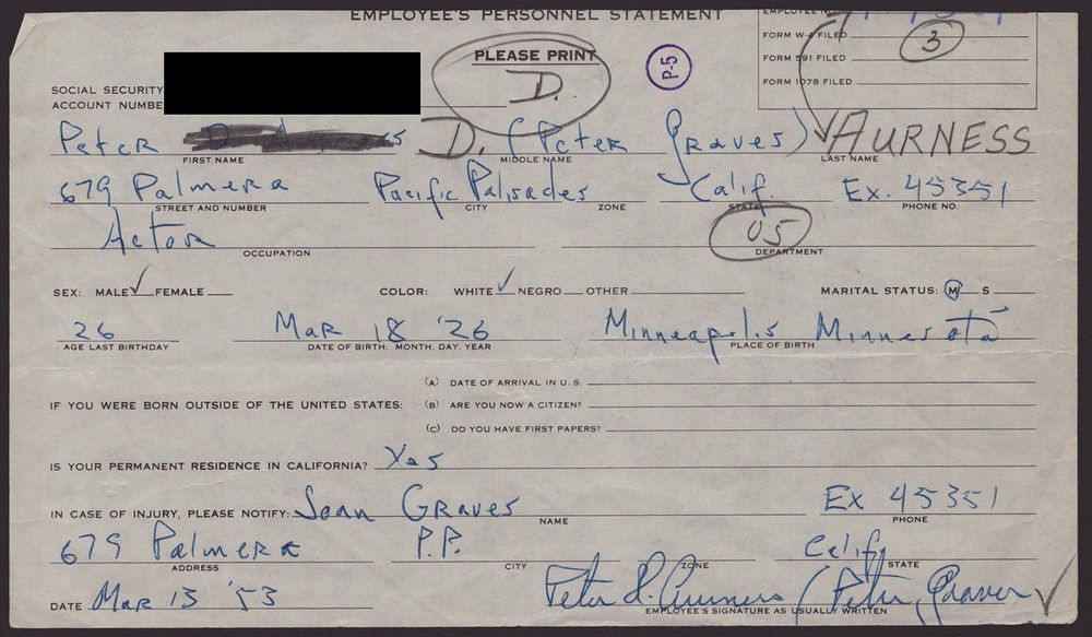PETER GRAVES - DOCUMENT SIGNED 03/13/1953