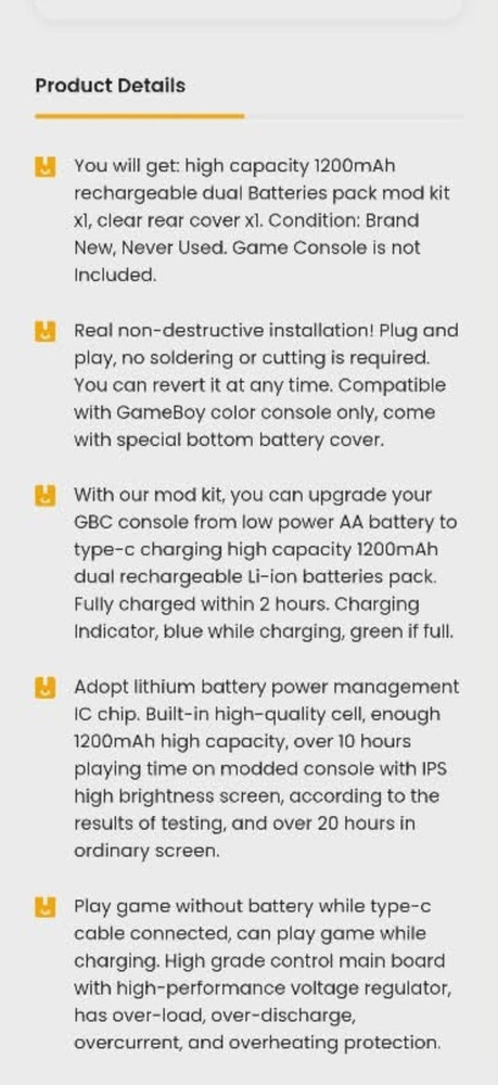 Gameboy Rechargeable Mod Kit Type C For (2 x units) Gameboy