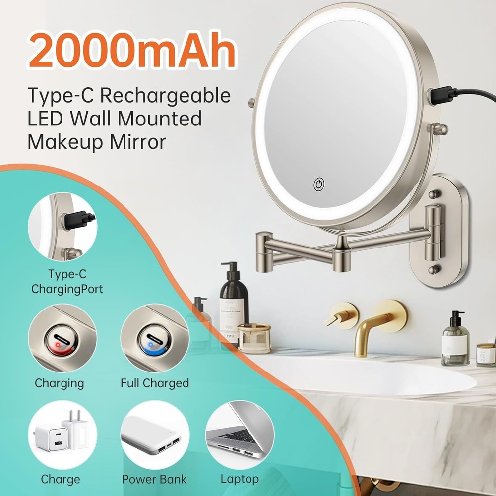 Rechargeable Wall Mounted Lighted Makeup Vanity Mirror Shaving Lighted Mirror