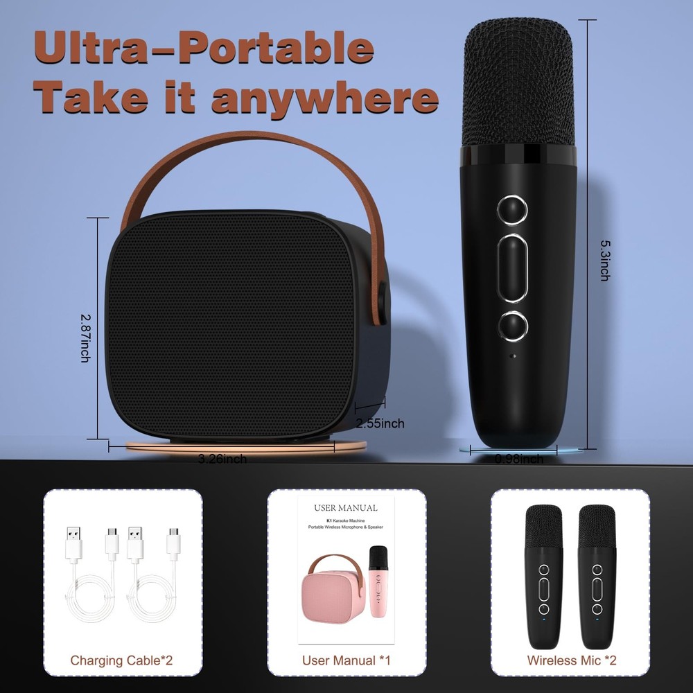Mini Karaoke Machine with 2 Wireless Microphone,Bluetooth Speaker for Kids and A