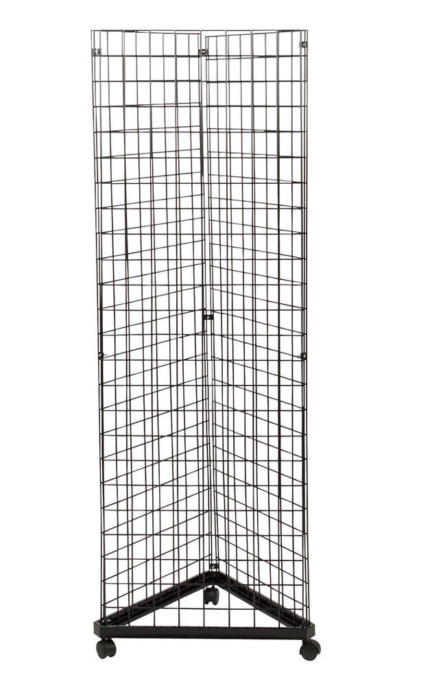 Wire Grid Triangle Tower Display Rack Casters Rolling Casters Black 2' x 6 ½' H
