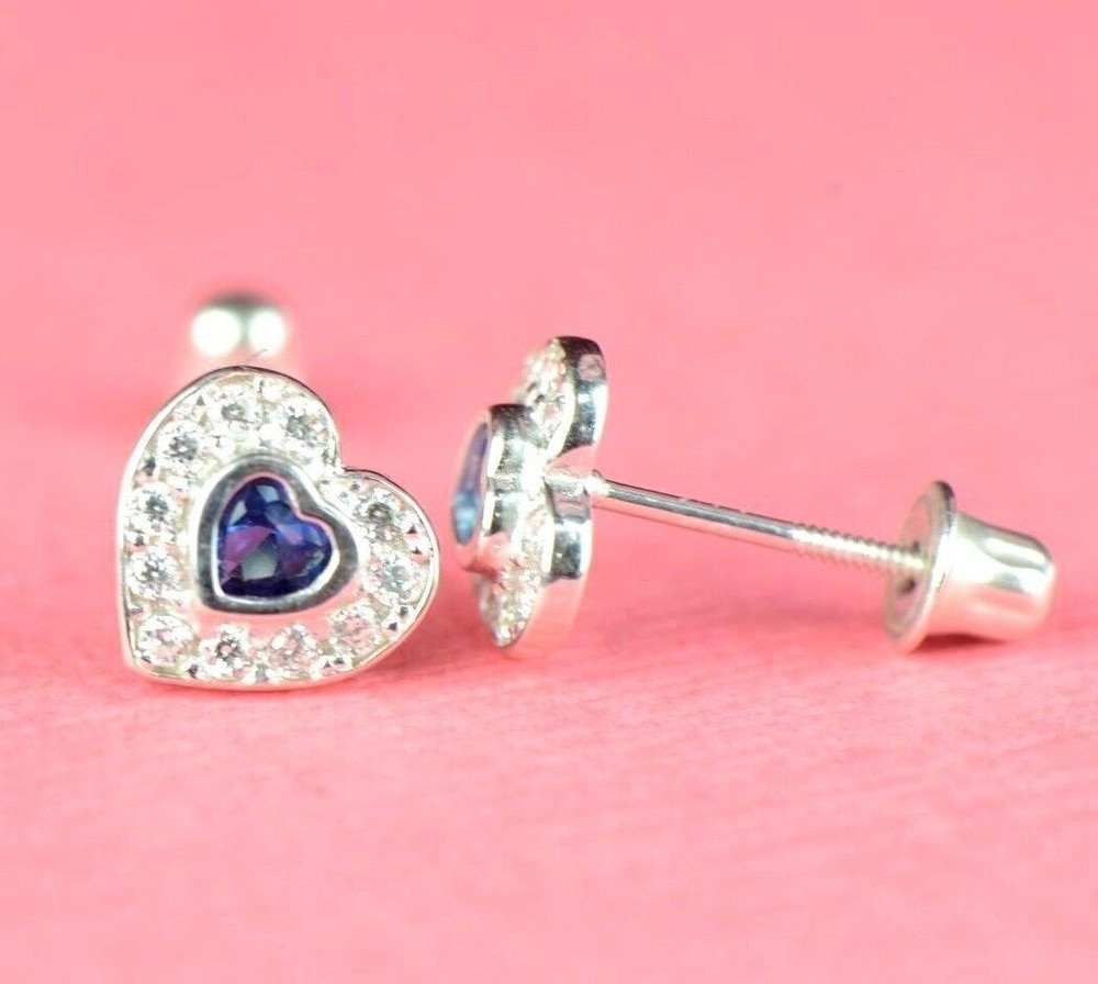 14k Solid White Gold Halo Heart Stud Earrings