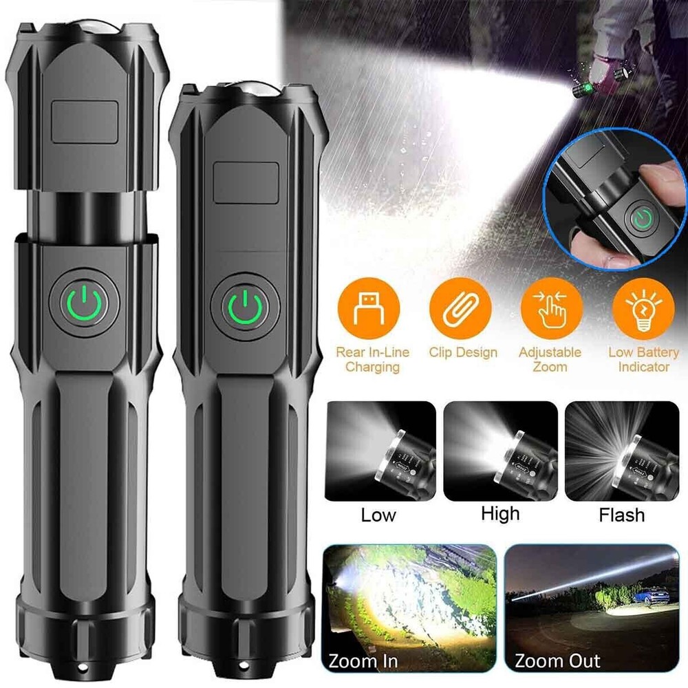 2 Pack LED Super Bright Flashlight Rechargeable Torch Tactical Lamp