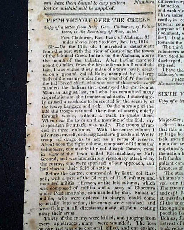 WAR OF 1812 Wins Battles of Emuckfaw & Enotachopo Creeks Indians 1814 Newspaper